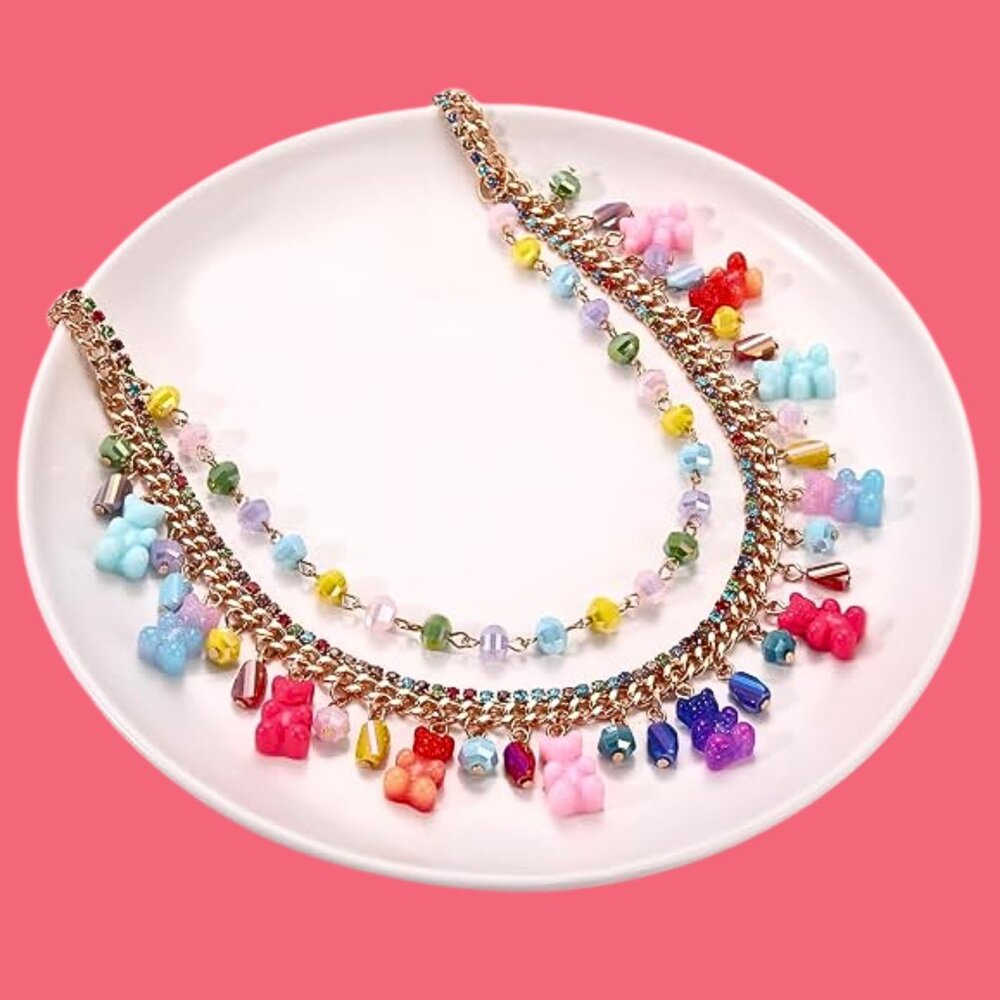 Etsy NEW Gummy Bear Charm Beaded Multi-Layer Rhinestone Chain Necklace